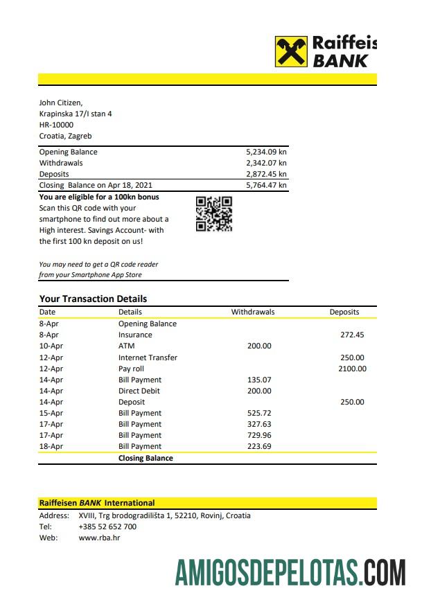 Extrato bancário de Croácia Raiffeisen em branco modelo fácil de preencher em formato de arquivo .xls e .pdf